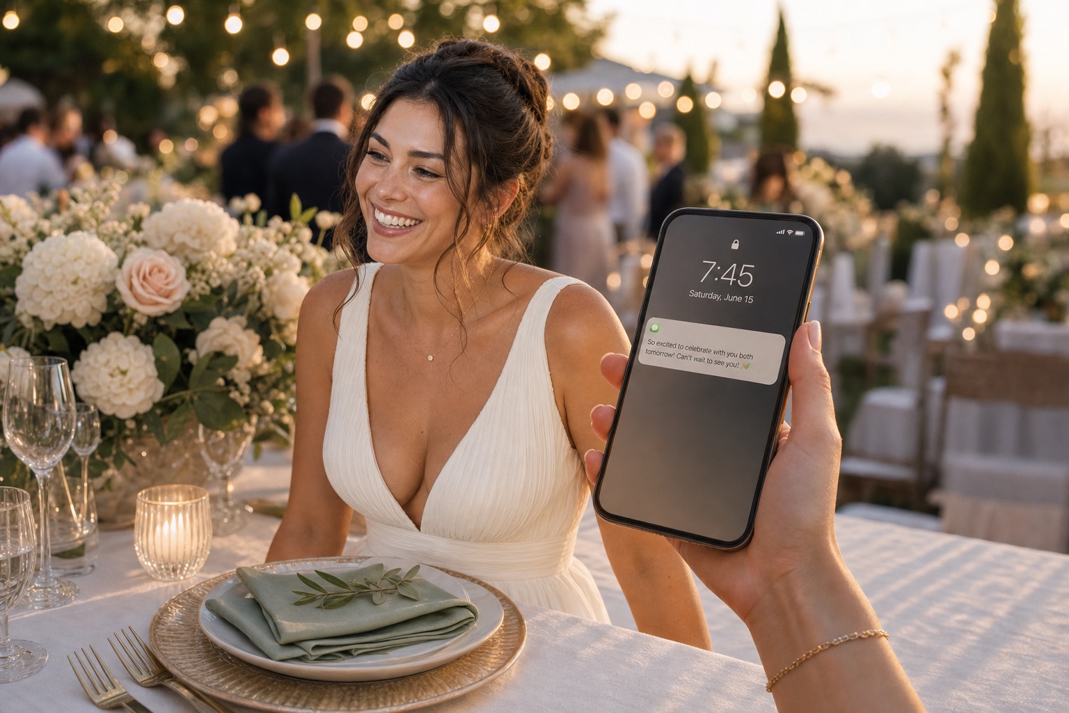 A bride smiling at a wedding reception as a guest holds up a phone with a warm text message